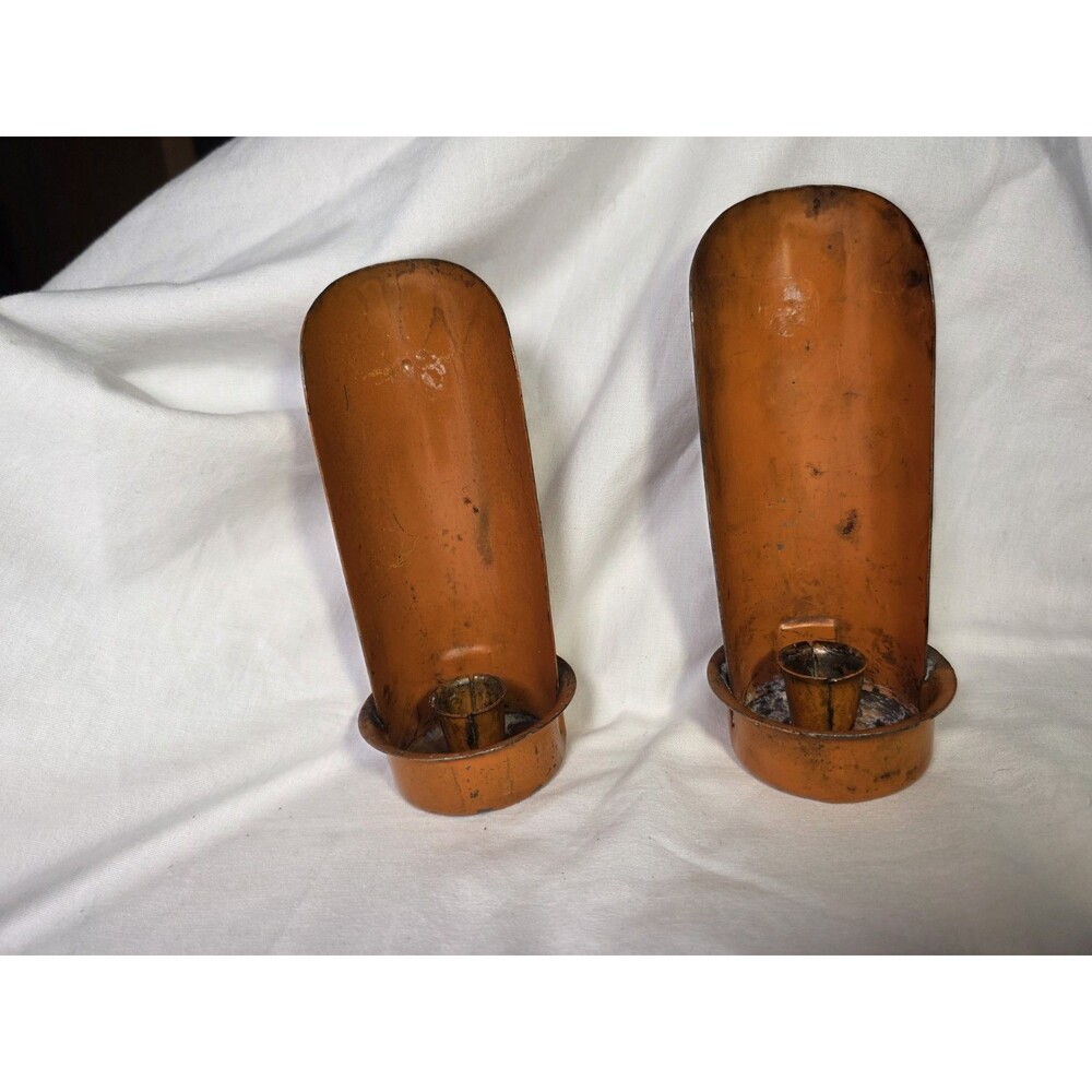 Antique Candle Holders Tin Primitive Hang/Sit Weighted Bottom 1800s Orange Pair